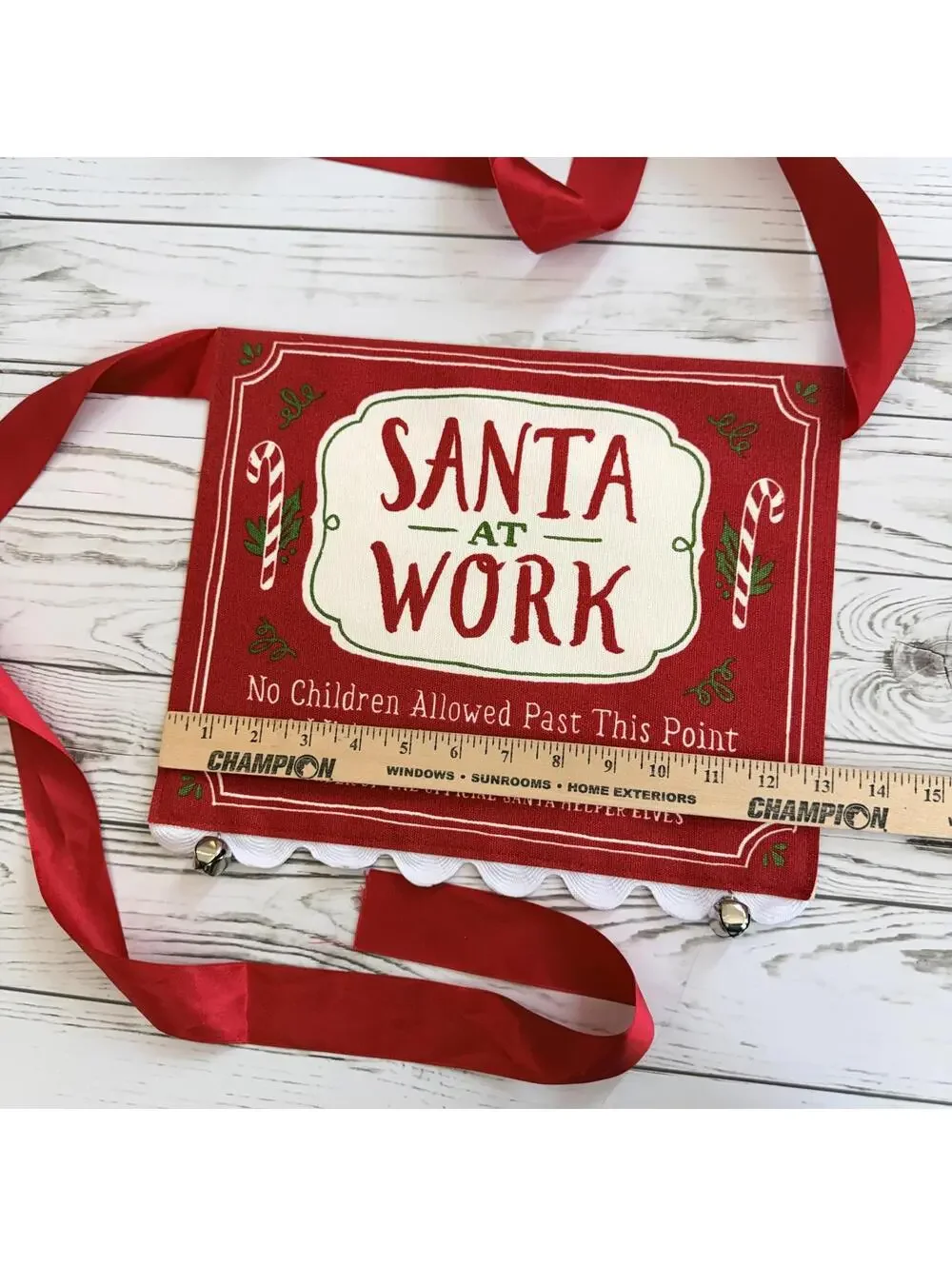 Santa at Work Christmas Stair Barrier Sign Ribbon Doorway Decor Kids Keep Out